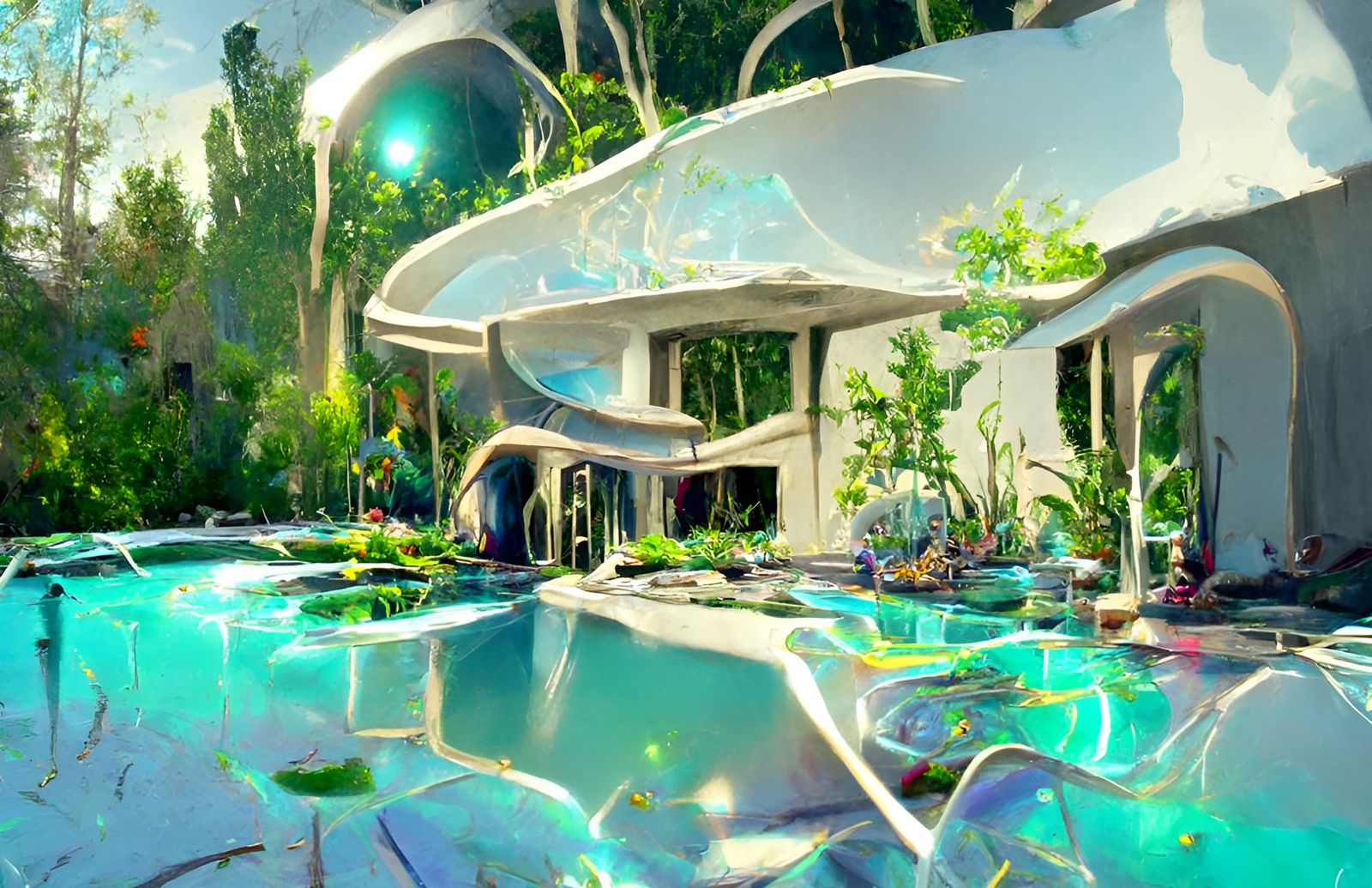 Retrofuturistic Solarpunk House with Pool, Digital Rendering