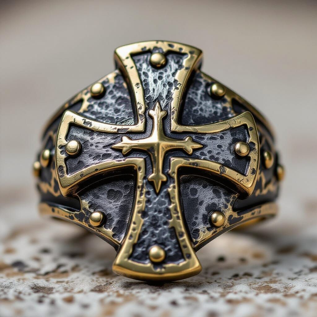 Hammered Aluminum & Brass Templar Knight Cross Men's Ring