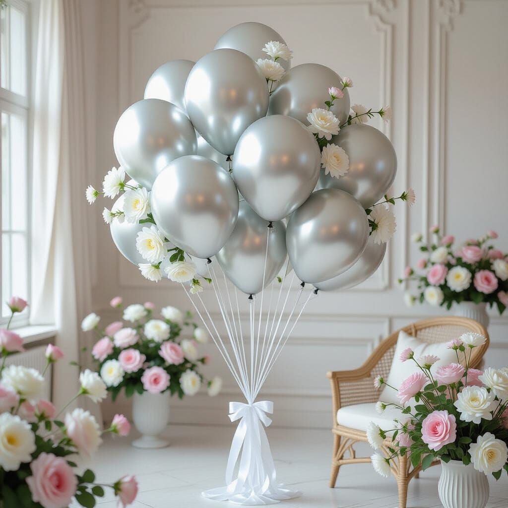 Whimsical Silver Balloons with White Flowers