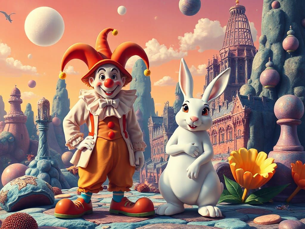 Dreamlike Disney-Inspired Scene with Clown and White Rabbit