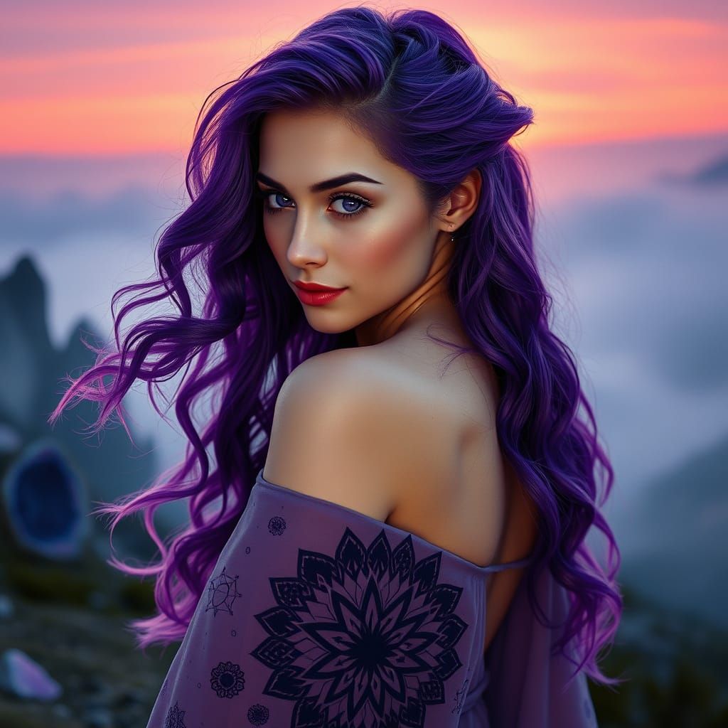 Ethereal Maiden in Amethyst Vale at Sunrise