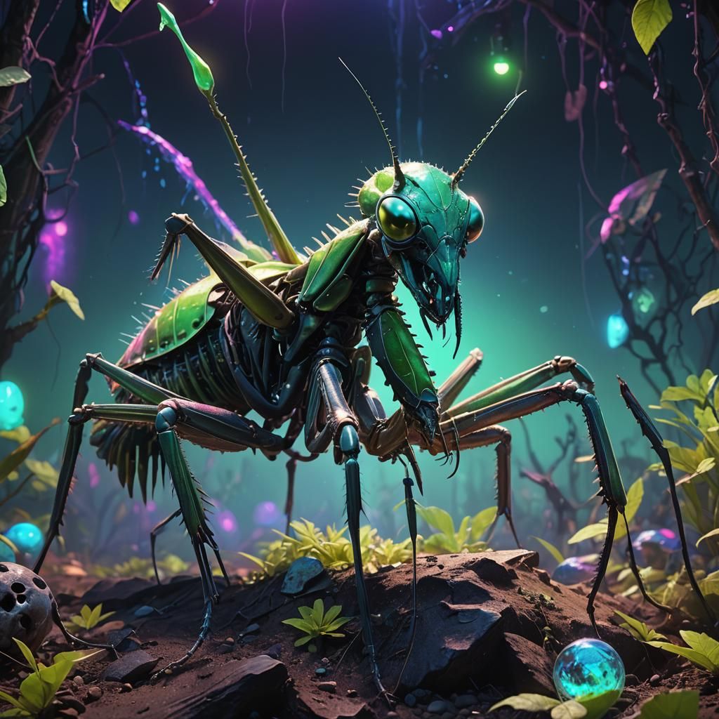 Giant Iridescent Mantis on Skull: Digital Matte Painting