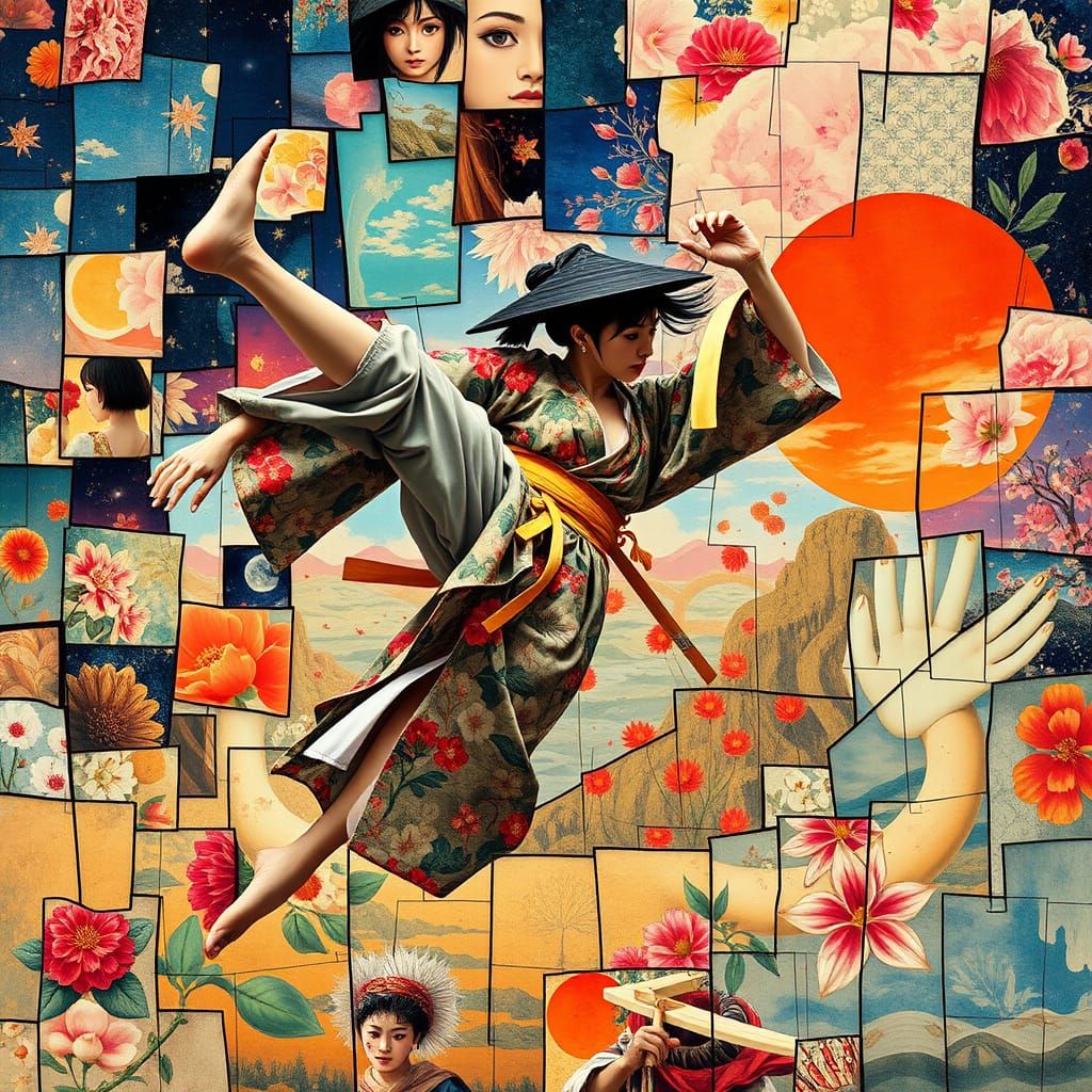 Female Samurai Flying Kick in Surrealist Style