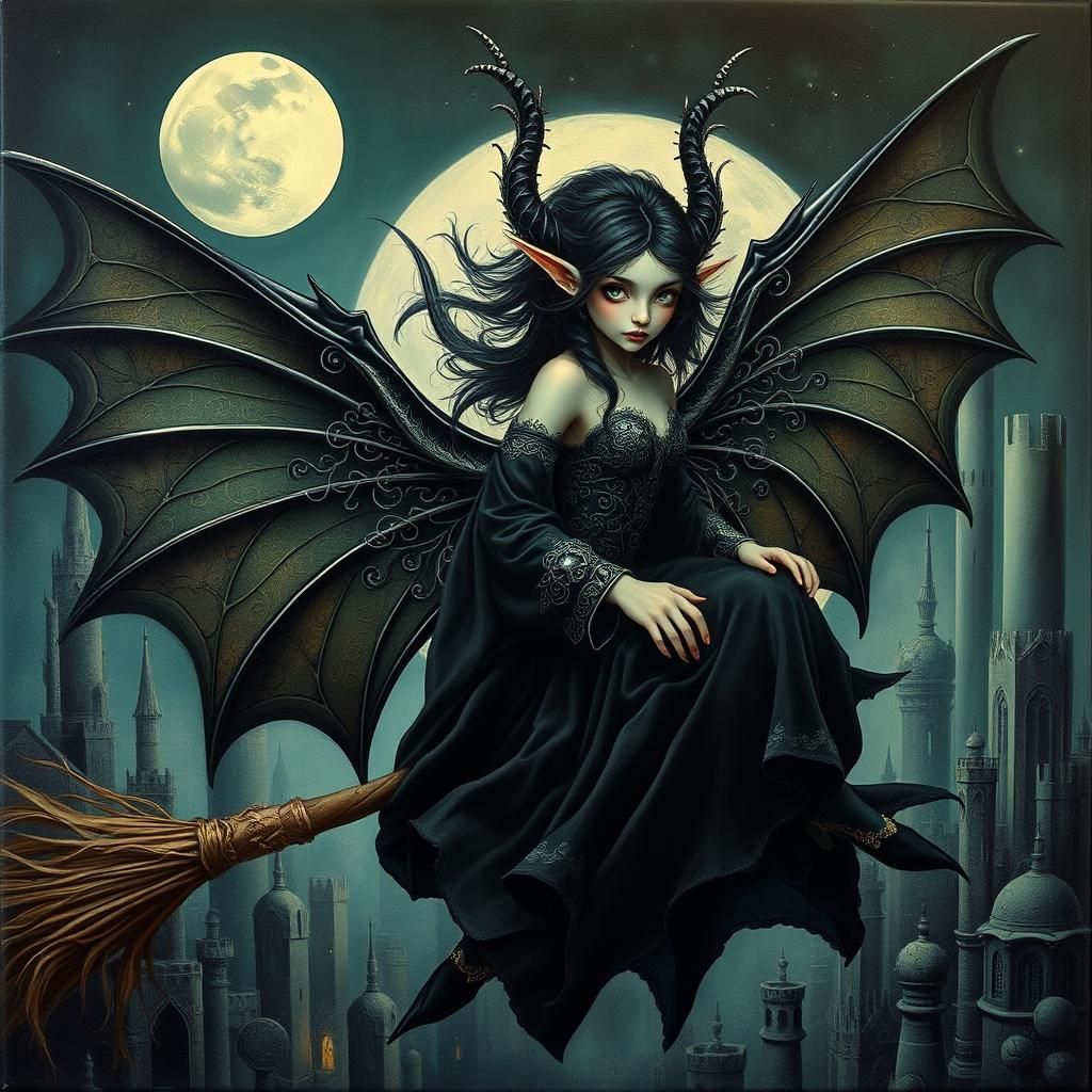 Ethereal Fairy Witch in Flight: Impasto Art Deco