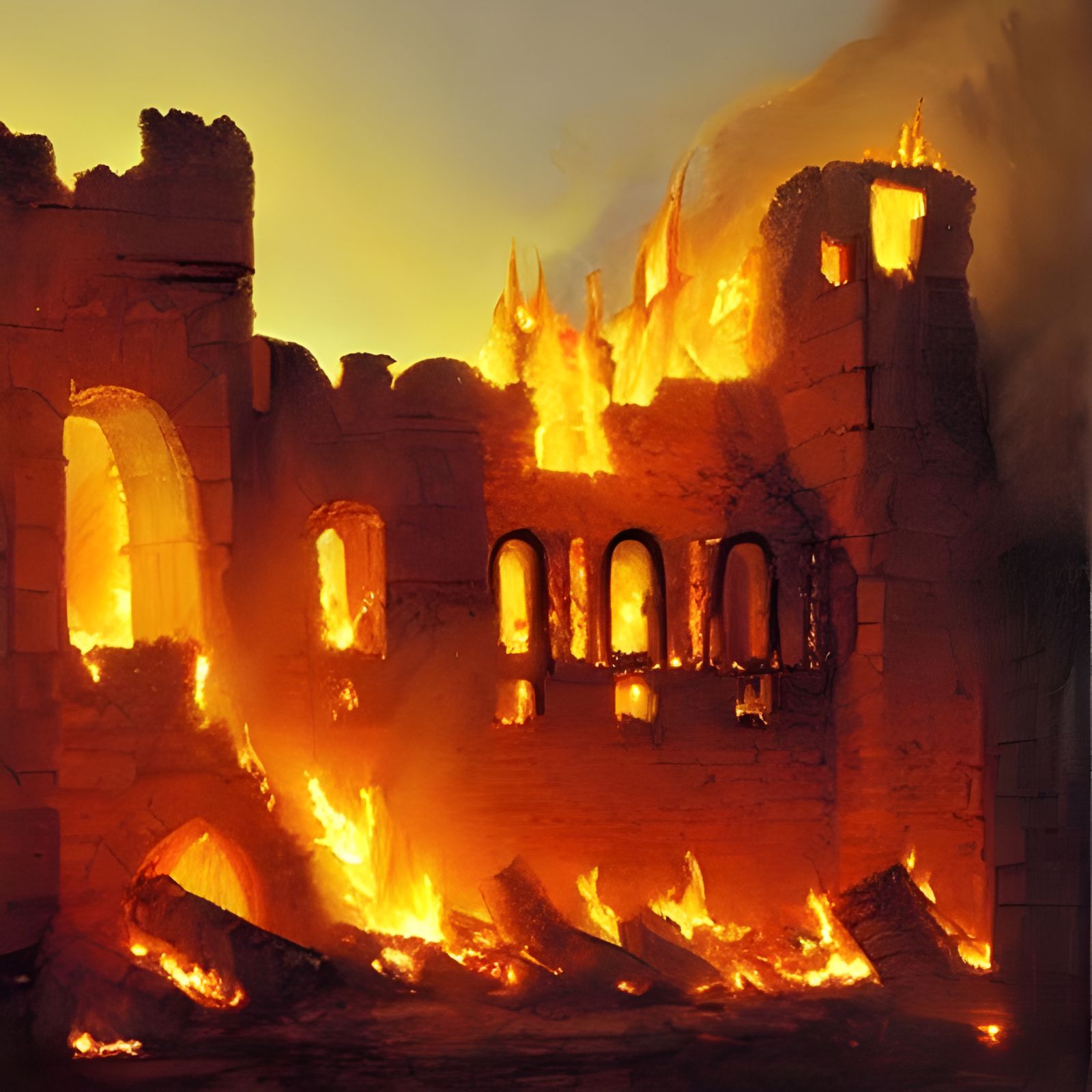 Burning Medieval Castle Ruins as Oil Painting
