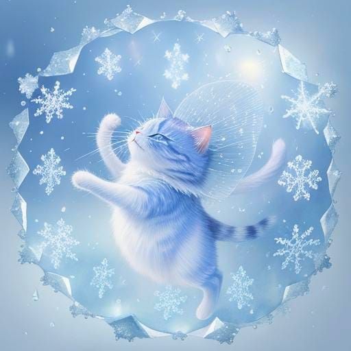 Crystalline Cat Dancing in Blue Rain and Snow