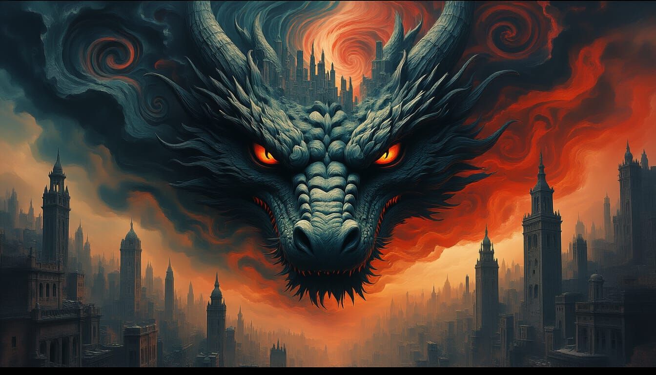 Surreal Dragon Dissolving Into Hellish Cityscape