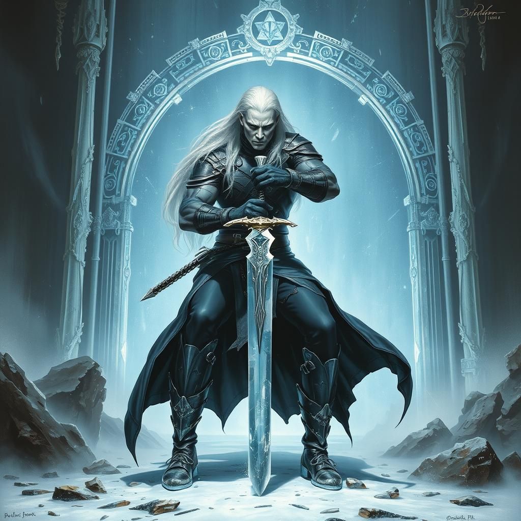 Ice Warrior and Crystal Gate in Dark Fantasy Style