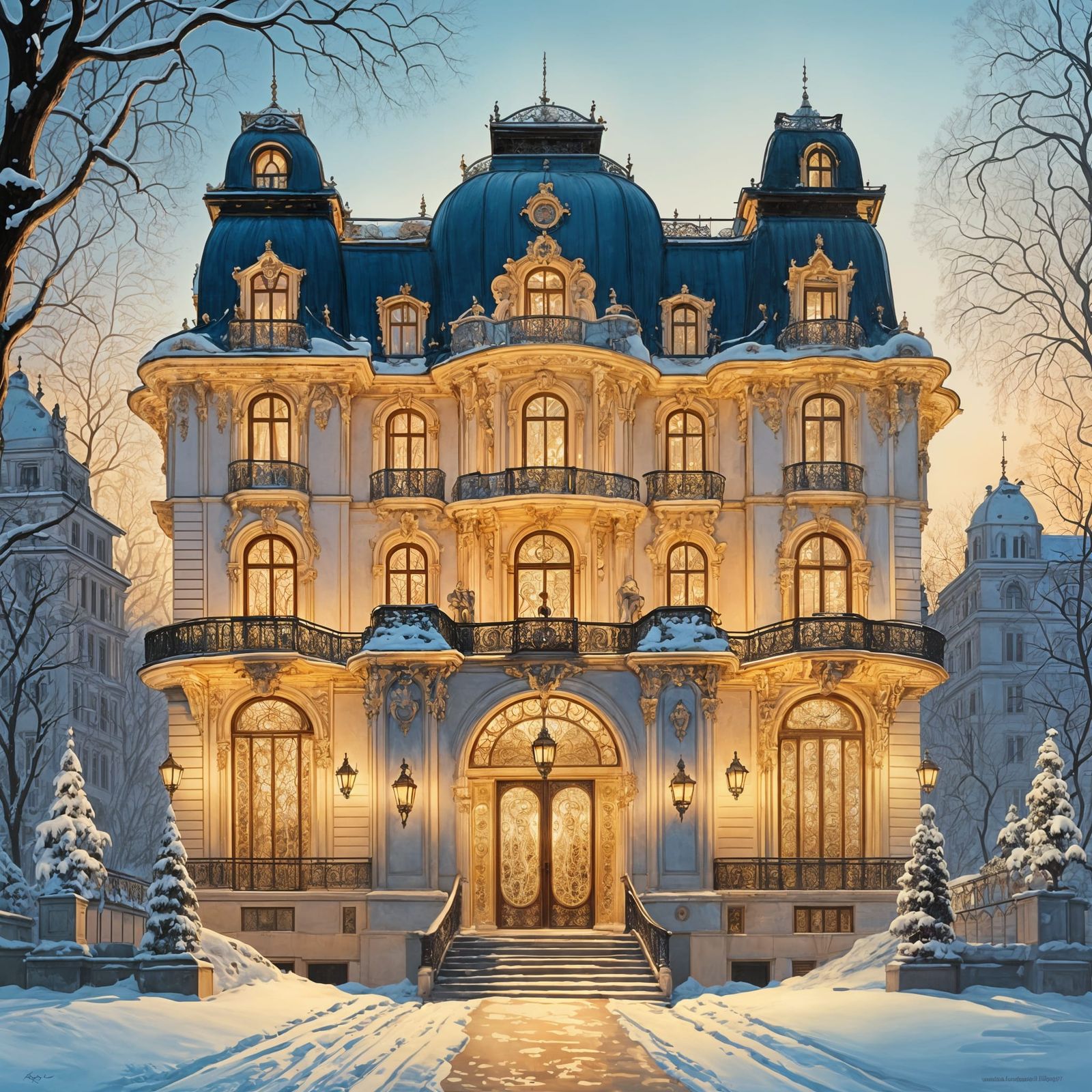 Ornate Belle Epoque Palace in Bucharest, Gouache Painting