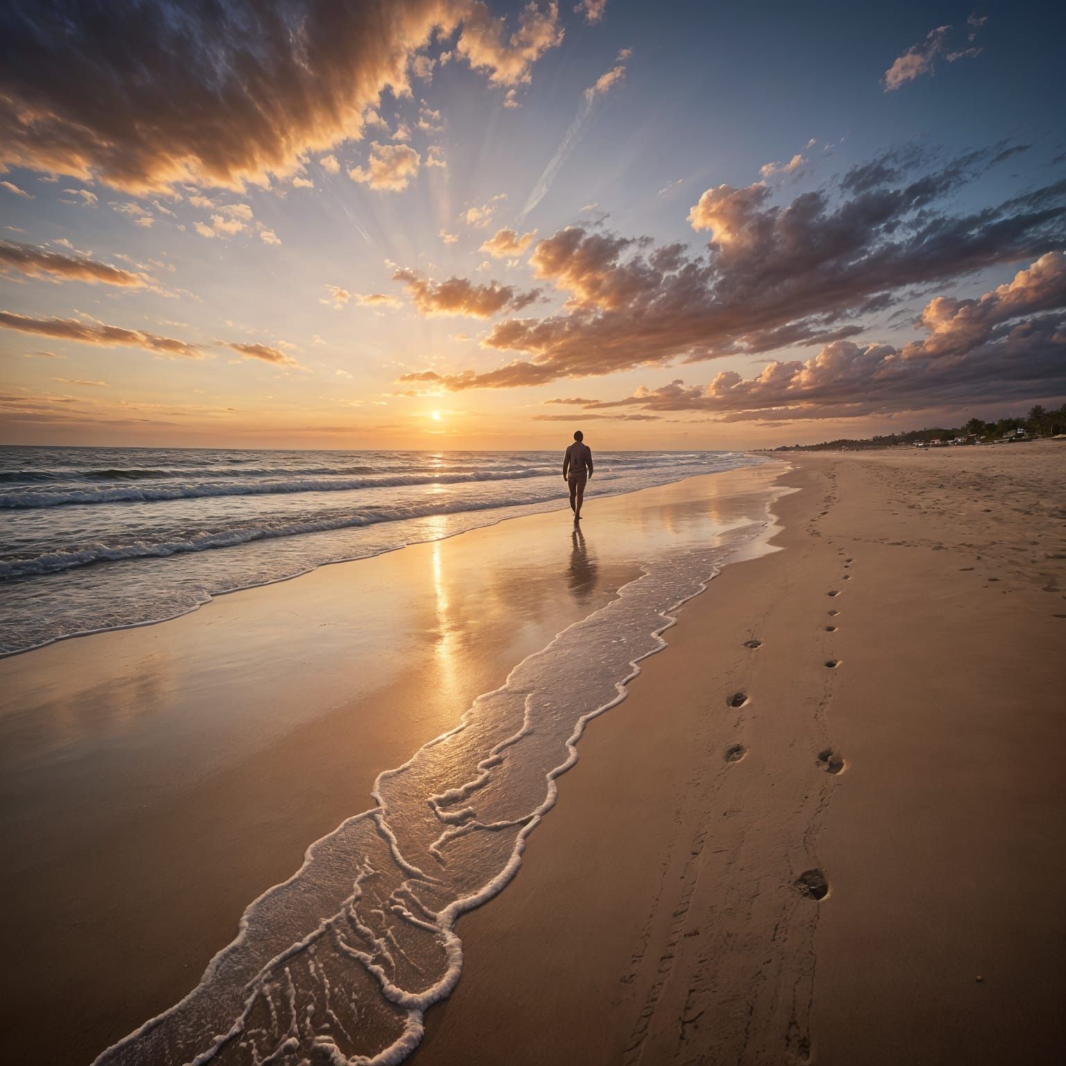 Sunrise Over a Sandy Beach in Vibrant Watercolor Style