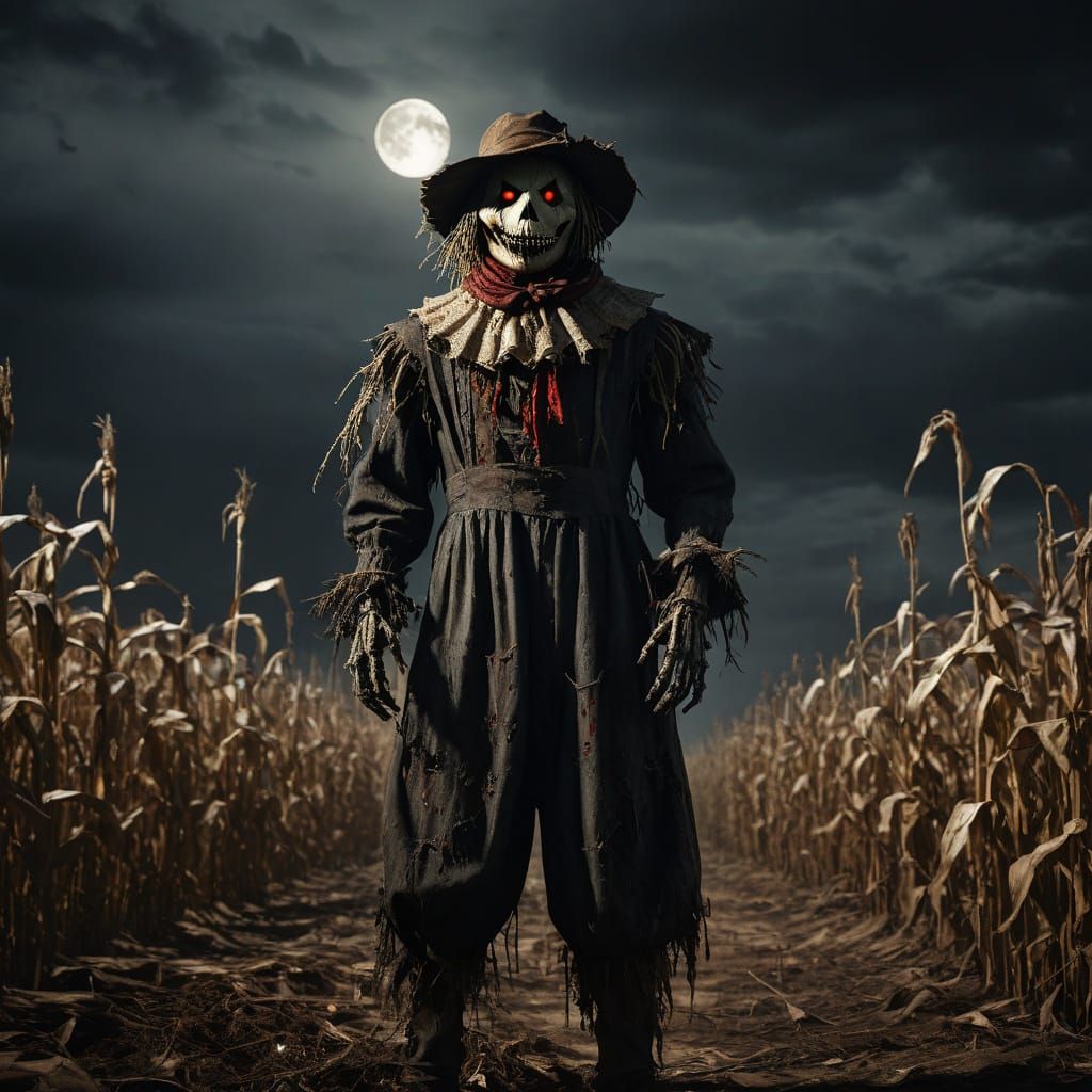 Sinister Scarecrow in Desolate Cornfield: Gothic Horror Art