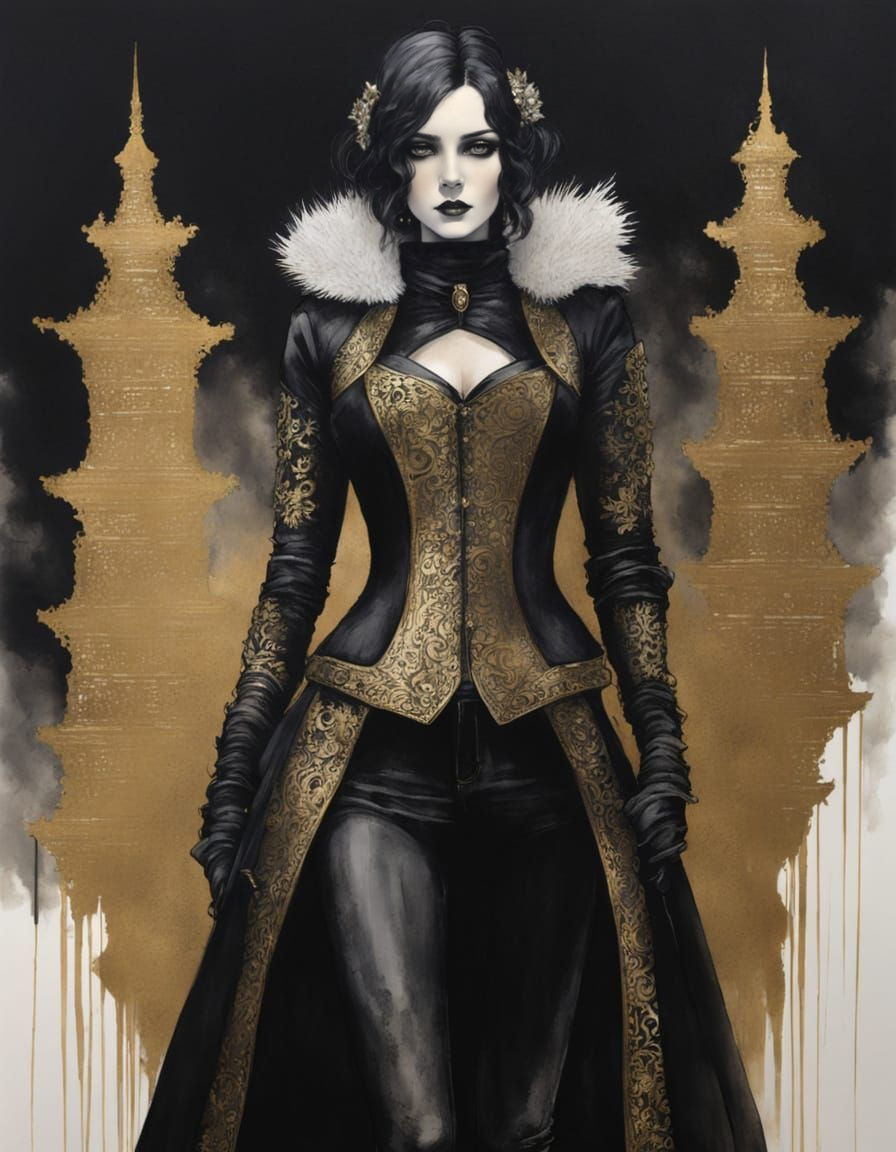 Ethereal Goth Goddess in Metallic Inkwash