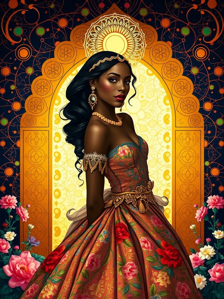 African American Princess with Golden Portal, Klimt Style