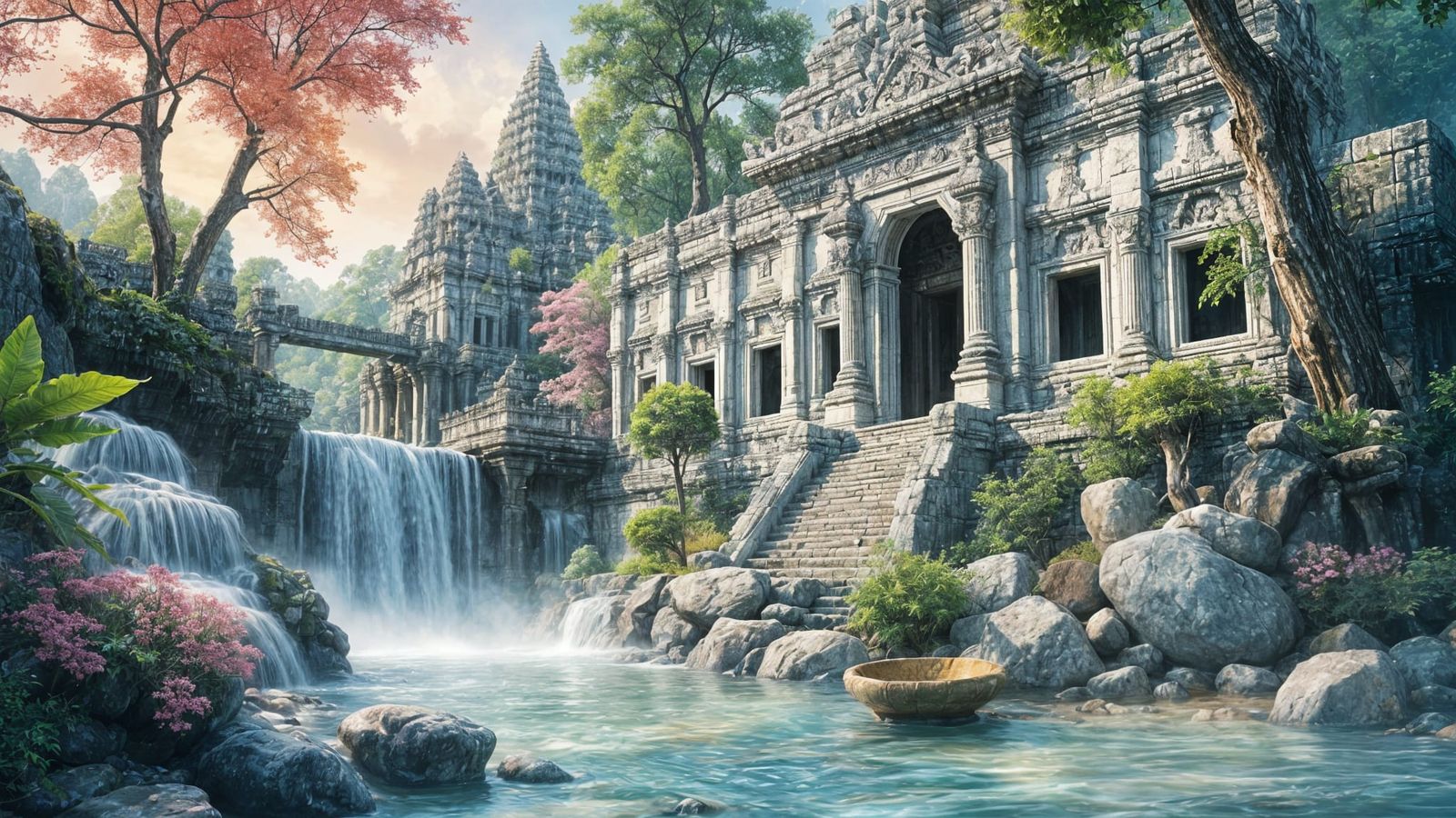 Waterfall Scene in Digital Watercolor Style