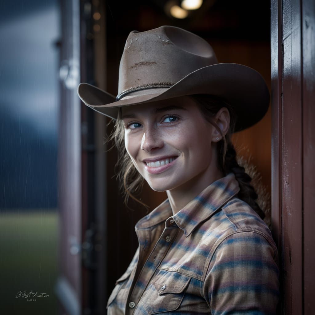 Close-Up Portrait of a Smiling Cowgirl on Rainy Evening