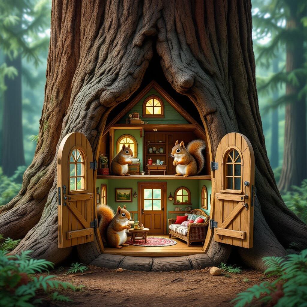 Squirrel Family in Redwood Tree Home