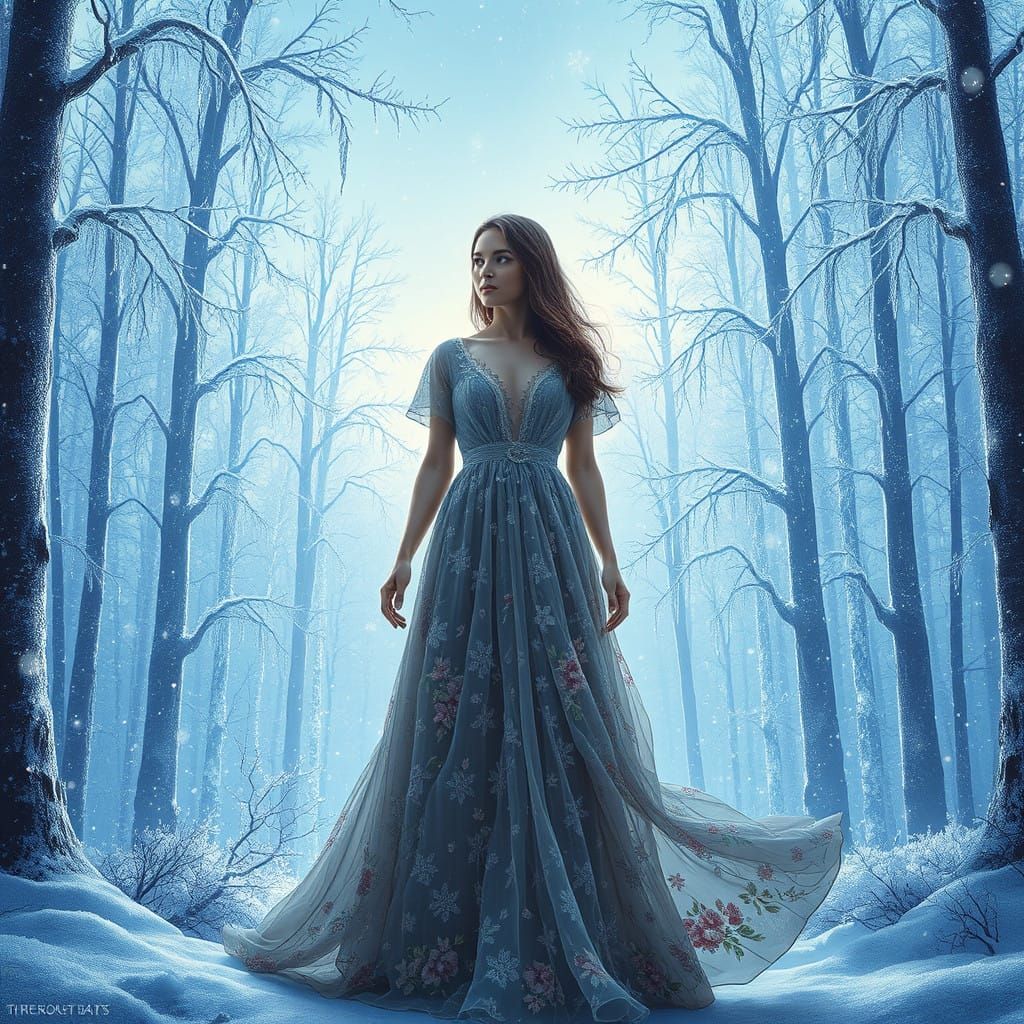 Enchanted Winter Goddess in Frosty Floral Gown