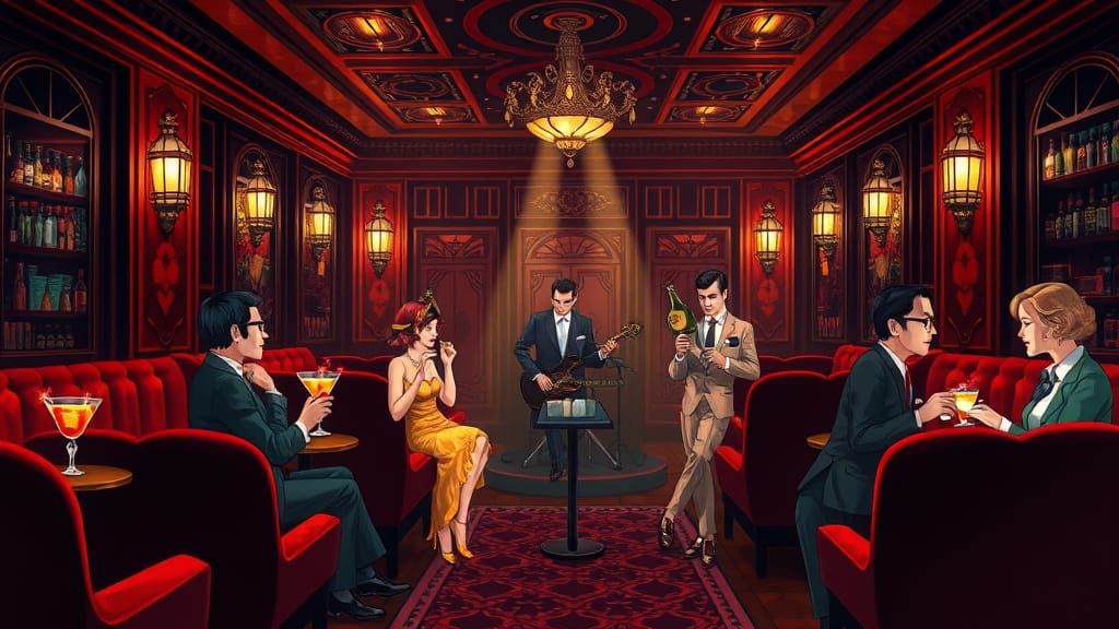 Vibrant 1920s Speakeasy Illustration with Jazz