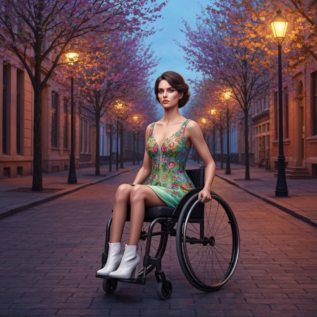 Elegant Woman in Rainbow Dress on City Street at Dusk