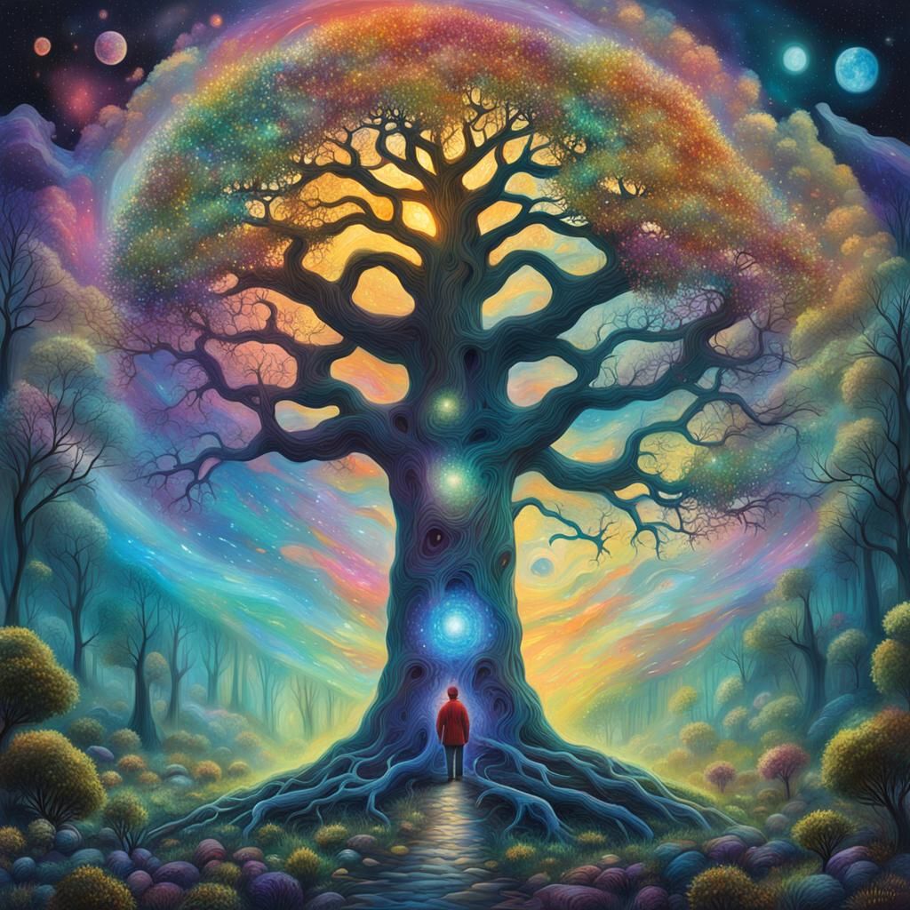 Living Tree Watches People in Misty Forest: Astral Illustrat...