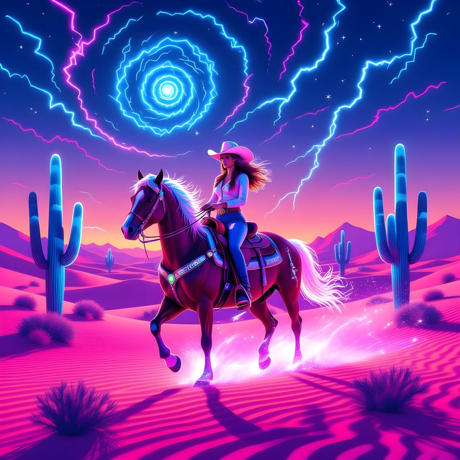Cowgirl on Luminous Horse in Neon Desert Illustration