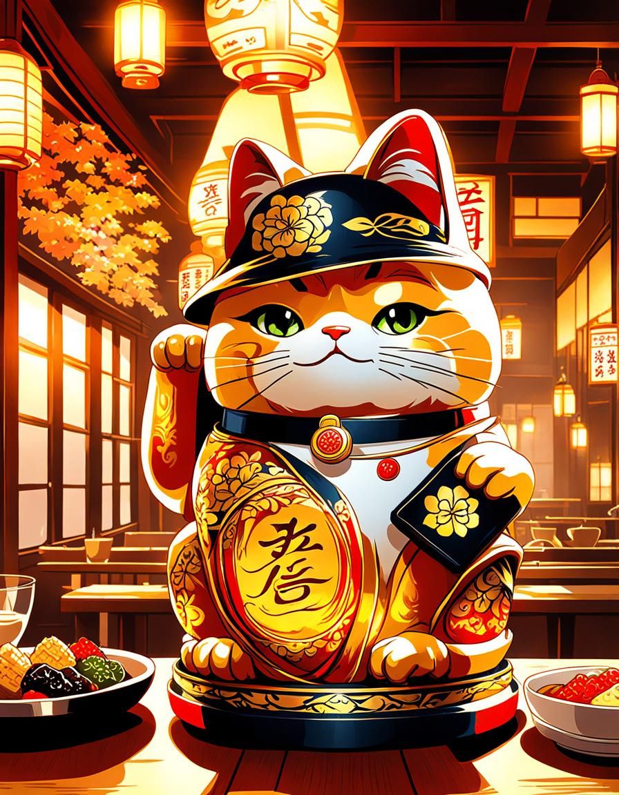 Maneki Neko in Japanese Restaurant, Anime Style