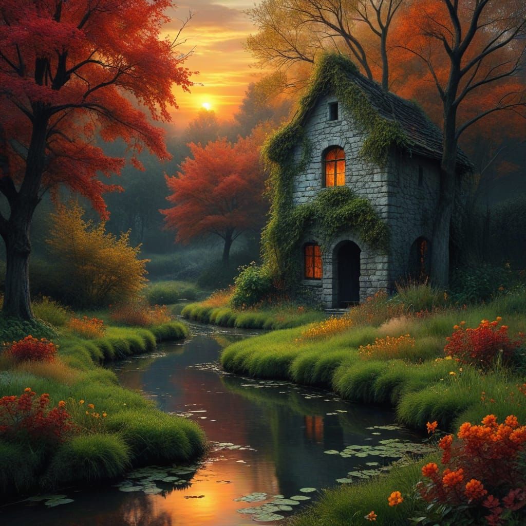 Autumn Sunset over a Rustic Pond Scene