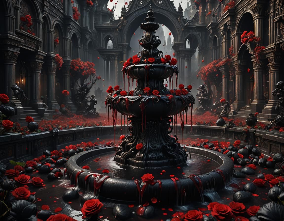 Fountain of Blood with Black Roses in Detailed Matte Paintin...