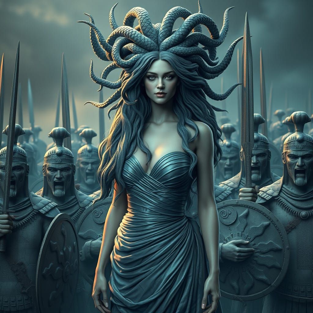 Medusa Frozen in Time with Stone Warriors