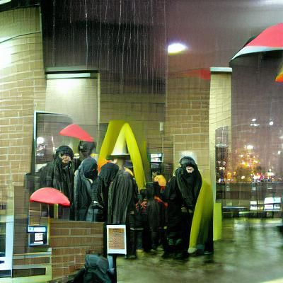 Dystopian McDonald's Queue in Rainy Anarchist Society