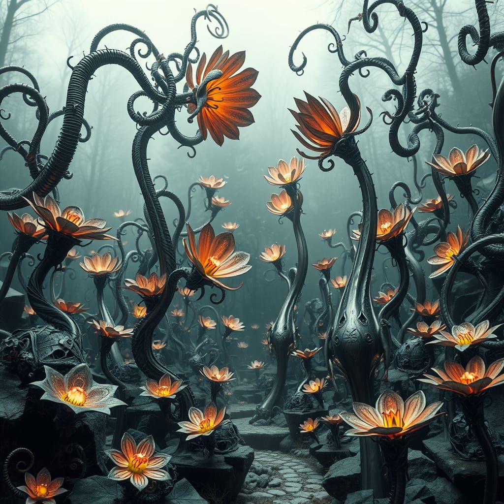 Surreal Quantum Garden with Biomechanical Sculptures