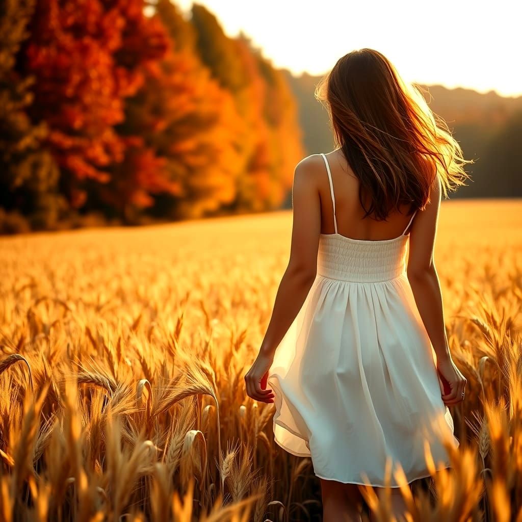Woman in Golden Wheat Field at Sunset