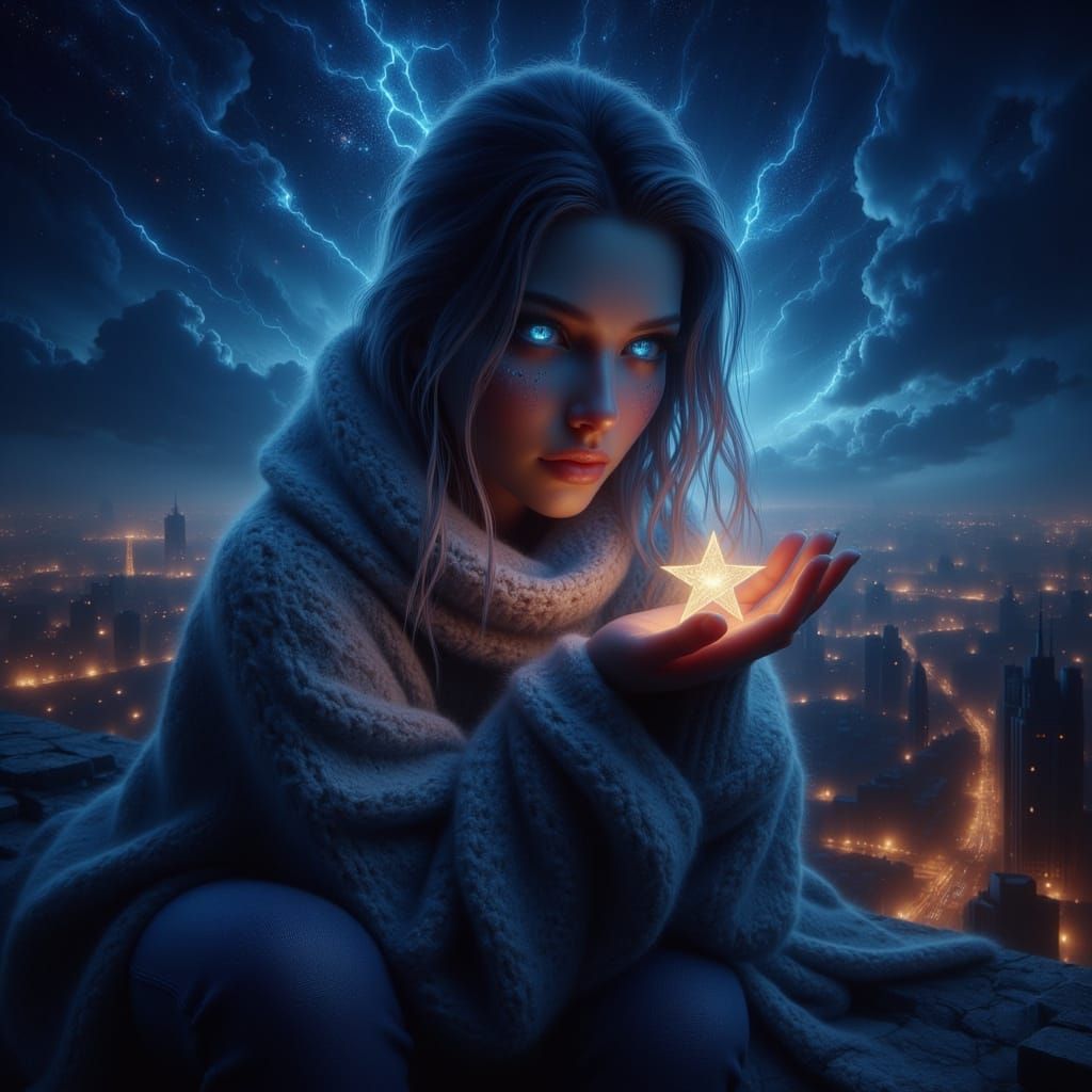 Rooftop Stargazer: A Night Scene with City Lights