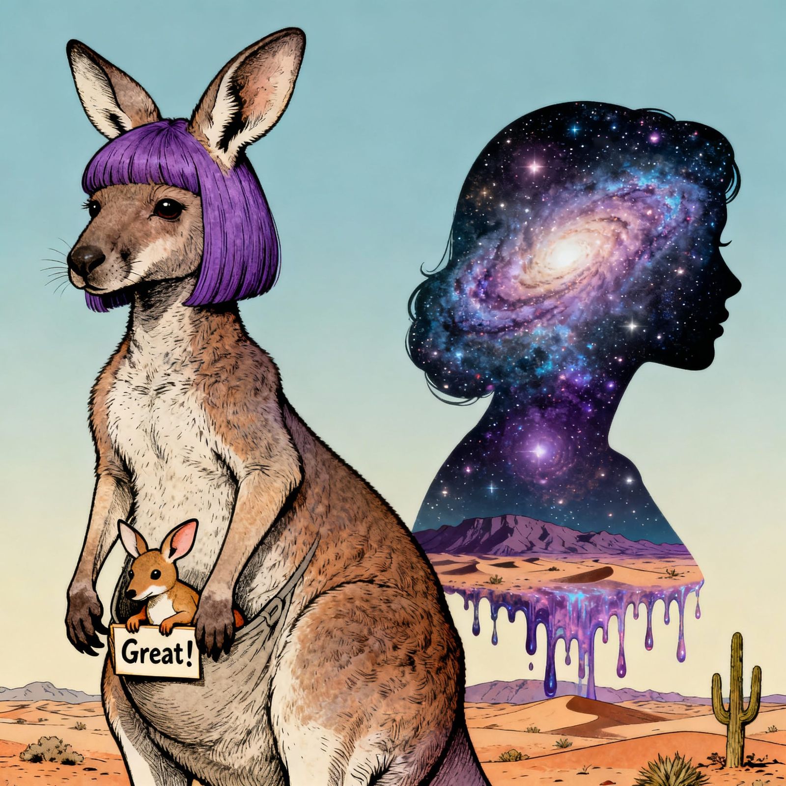 Kangaroo Mother and Baby in Cosmic Desert Double Exposure Ar...