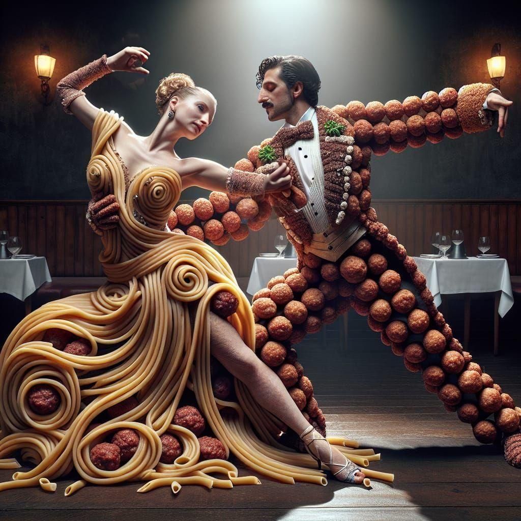 Dancers Wearing Spaghetti And Meatballs Designer Clothes