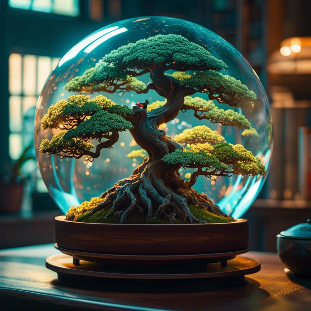 Bonsai Tree in Glass Sphere: Hyperdetailed Photography