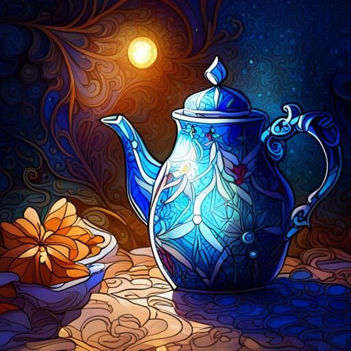 Stained Glass Teapot with Glittering Sparks