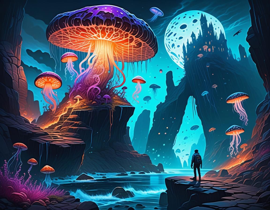 Dark Fantasy Landscape with Bioluminescent Flora