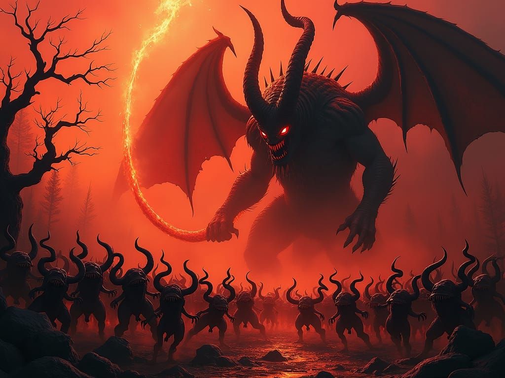 Demonic Balrog Herds Imps in Hellscape