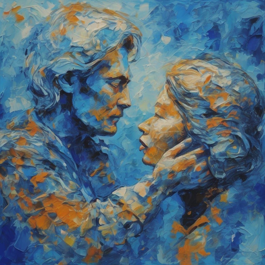 Kissing Couple in Dreamy Blue, Surreal Impressionist Art