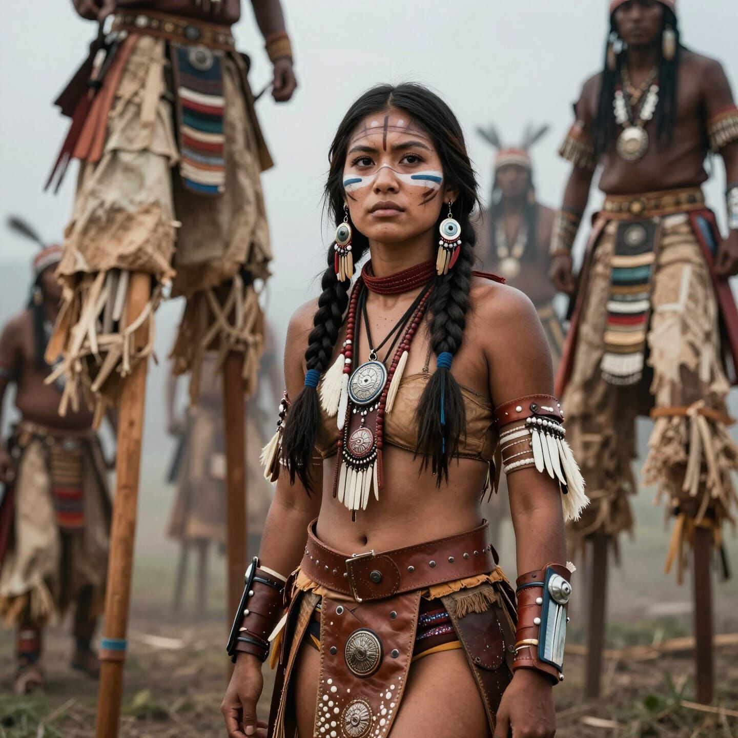 Young American Indian Warrior lady.  Face paint, leather wraps on her arm mussels. This lady is tough, but beautiful. Th...