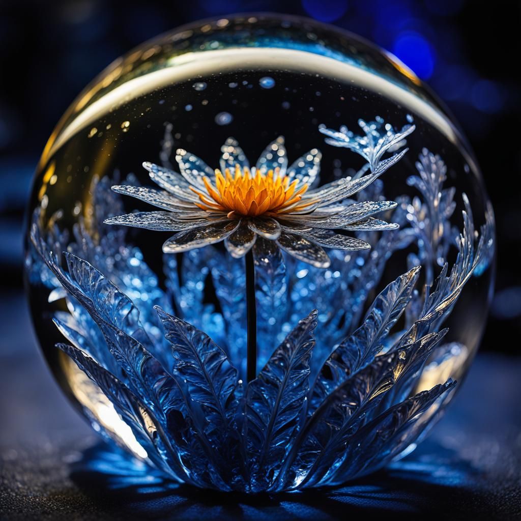 Magical Ice Flower in Glass Sphere, Fantasy Winterscape