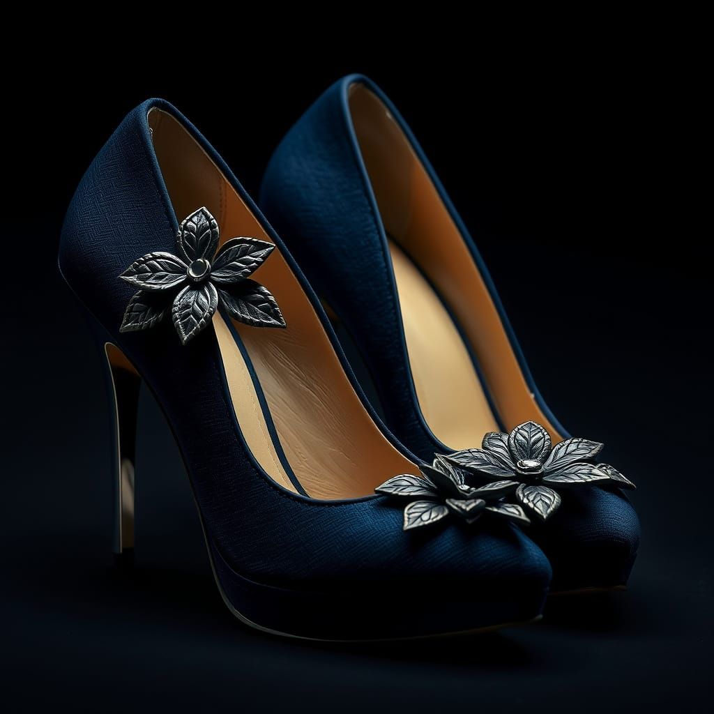 Navy Blue High Heels with Floral Ornamentation