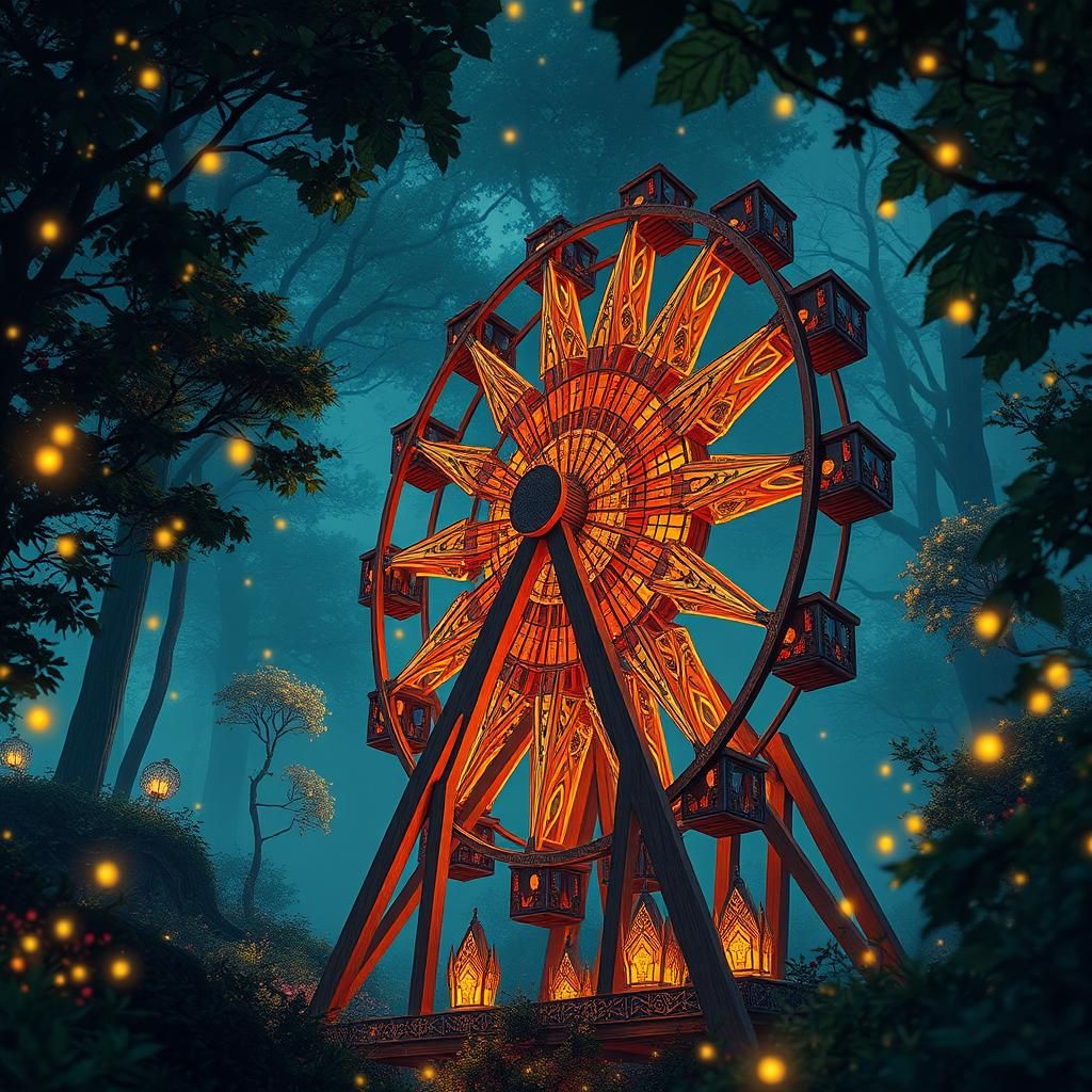Glowing Origami Ferris Wheel in Mystical Forest