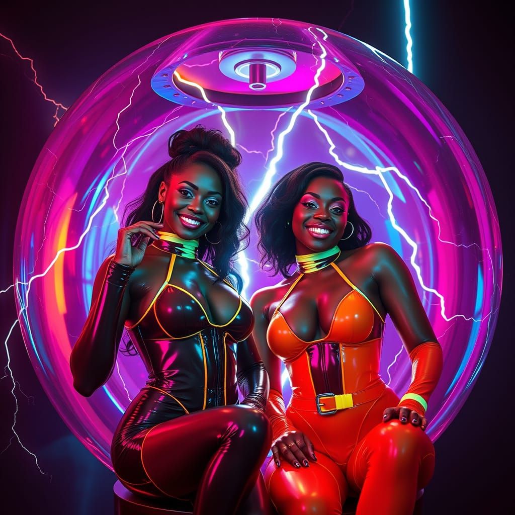 Smiling Women in Neon Synthwave Glass Sphere