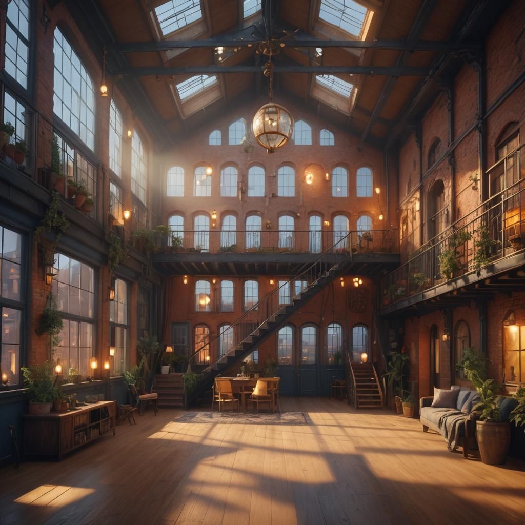 Cozy Loft Apartment with Misty Cityscape: Fantasy Concept Ar...