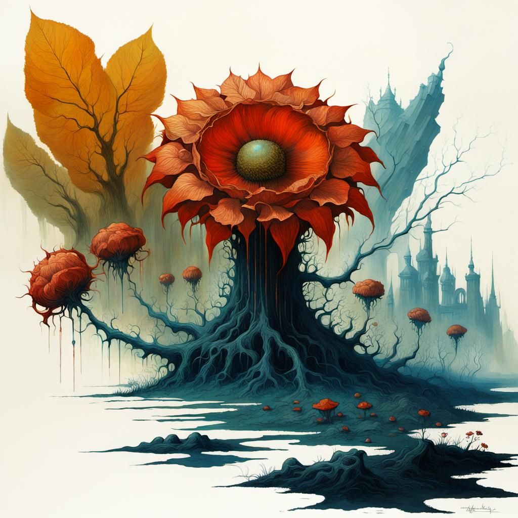 Dystopian Floral Surrealism in Beksinski Style