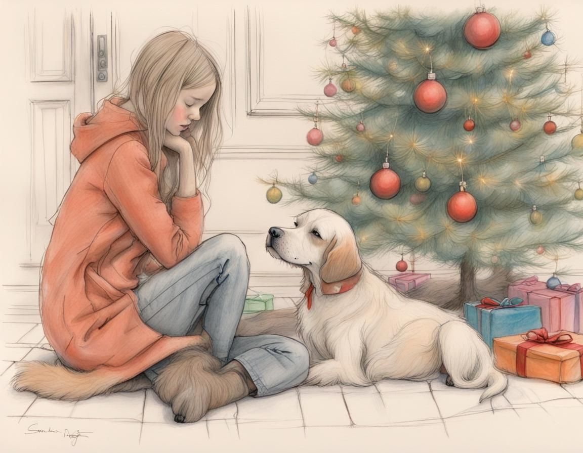 Girl and Dogs by Christmas Tree: Crayon Sketch