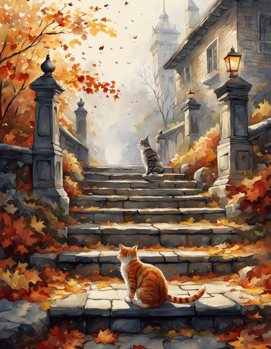 Cat Leaping for Autumn Leaf in Watercolor