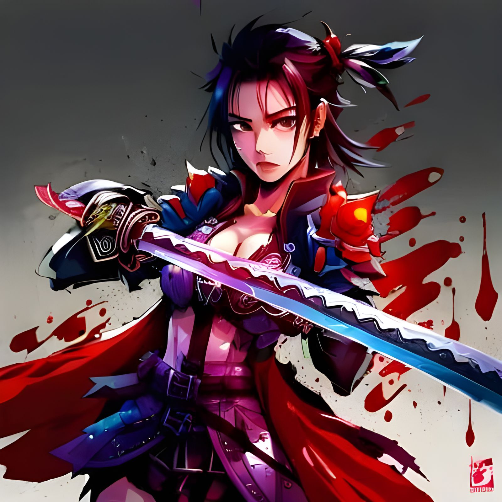 Rabbit Samurai Girl with Blood Blade, Digital Art